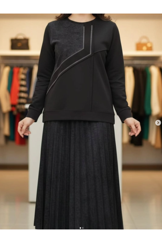 Taş detaylı Batik Baskılı Kristal Etekli Takım