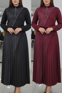  Fermuar Detaylı Geniş Salaş Elbise